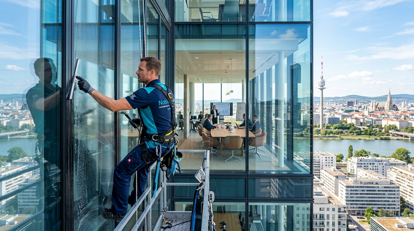 Streifenfreie, glänzende Fenster in einem großen Wiener Bürogebäude