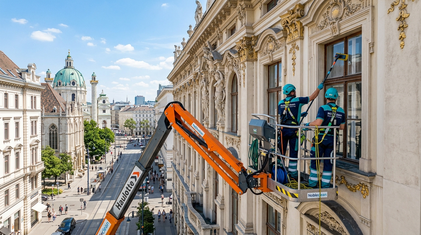 Hubsteiger im Einsatz bei der Reinigung einer hohen Glasfassade in Wien