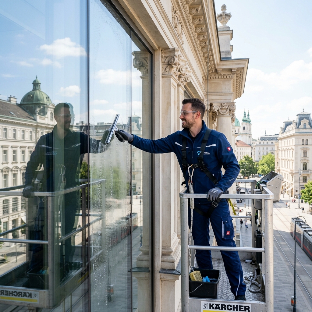 Strahlend saubere Fensterfront mit Blick auf Wien